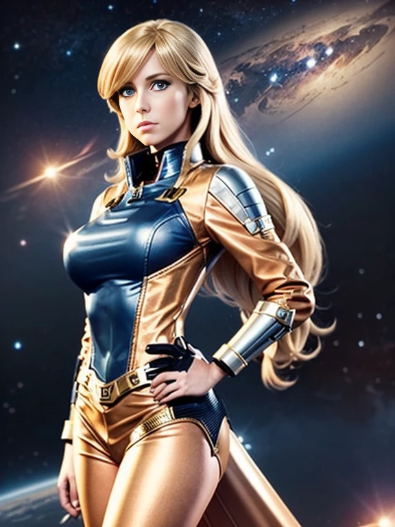 Anime style female character inspired by vintage space opera aesthetics, with elongated facial features, 165 cm tall, having blond, waist-length, wavy hair with V bangs, and blue eyes. She is wearing tight skinny jeans with high boots over them, adding an equestrian touch to her ensemble. The character's design reflects a blend of space opera elements and a realistic body proportion, highlighting her strong yet feminine presence.