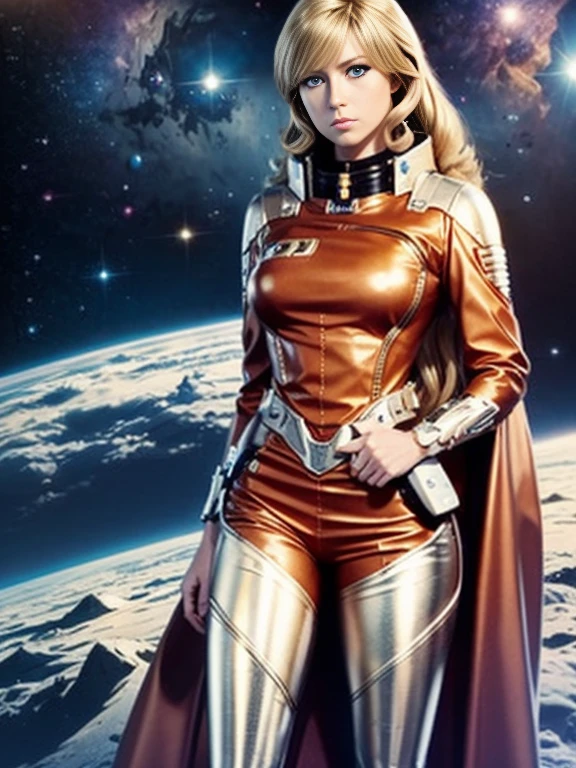 Anime style female character inspired by vintage space opera aesthetics, with elongated facial features, 165 cm tall, having blond, waist-length, wavy hair with V bangs, and blue eyes. She is wearing tight skinny jeans with high boots over them, adding an equestrian touch to her ensemble. The character's design reflects a blend of space opera elements and a realistic body proportion, highlighting her strong yet feminine presence.