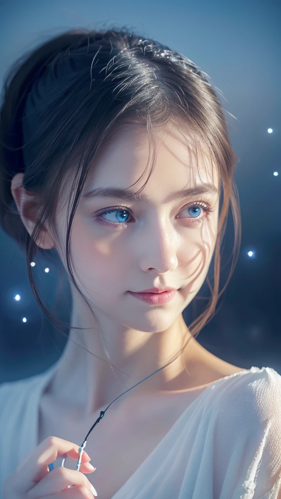 Masterpiece, (Best Quality: 1.2), (Super Fine: 1.2), Illustration, (Extremely Delicate and Beautiful: 1.2), Film Angle, Floating, (Beautiful Detail Eye: 1.1), (Detail Light: 1.1), Film Lights, Delicate Sky, Woman, White Hair, Blue Eyes, (High Ponytail: 1.1), Cloak, Glowing Eyes, (Moon: 1.2), (Moonlight: 1.1), Starry Sky, (Light Particles: 1.1), Fog , snow painting, sketching, blooming