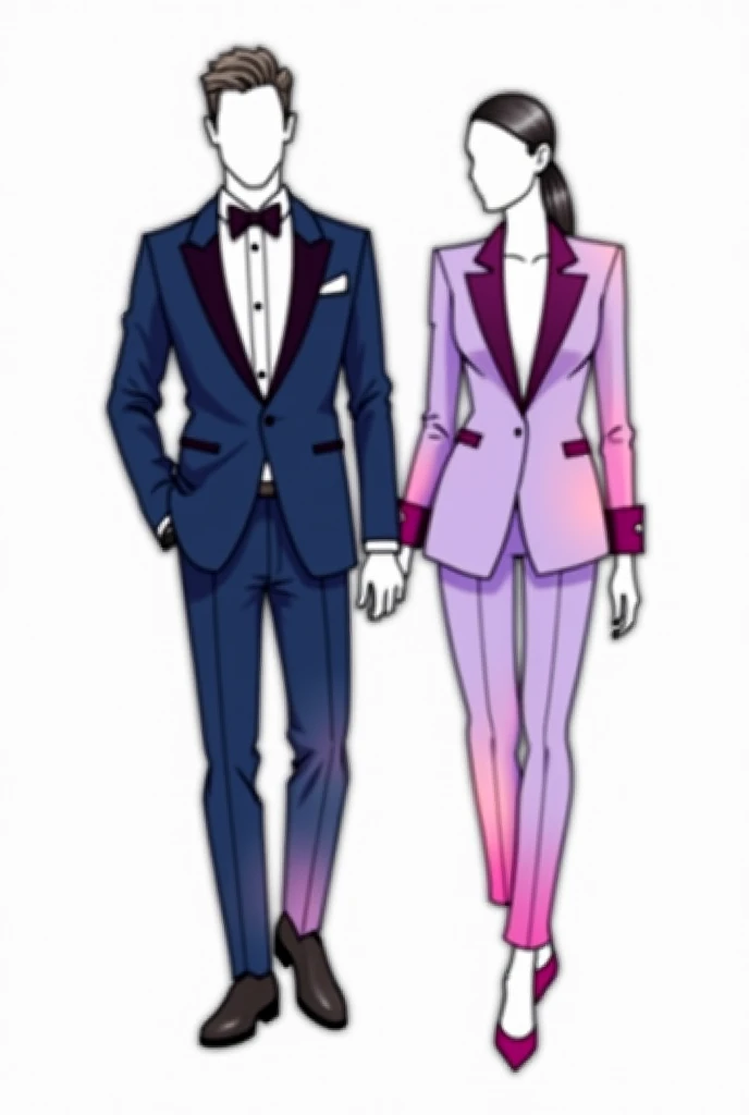I need an image of the clothing to give references to the wedding guests for the dress code, which will be cocktail style. minimalist drawing. A Man and a Woman, that they don't see each other as a couple, only models of the clothes and both in men's suits. Clothes are what matters ...Consider that the color palette is from blue, going through purple, until reaching a pink