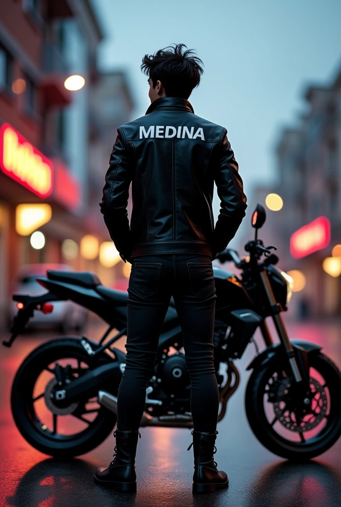 Disney characters man from back dark hair wearing a black leather jacket black bomber pants, Black military boots with the last name Medina on the back next to a black Honda CB 190R sports motorcycle