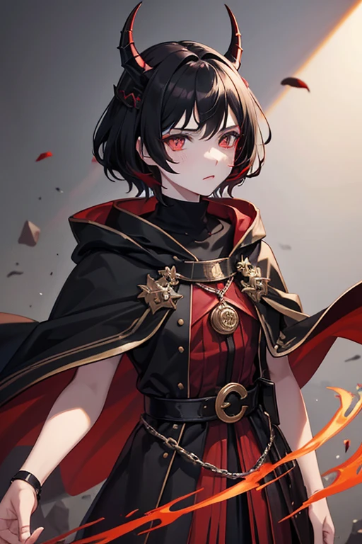 completely black eyes, 19 years old, mage, horns, black hair with red highlights, emotionless, pale skin, dark, medieval, chaos magic, dark magic, with cape, powerful, short hair, a girl with a cute boy appearance ,girl, men's clothing, hair boy
