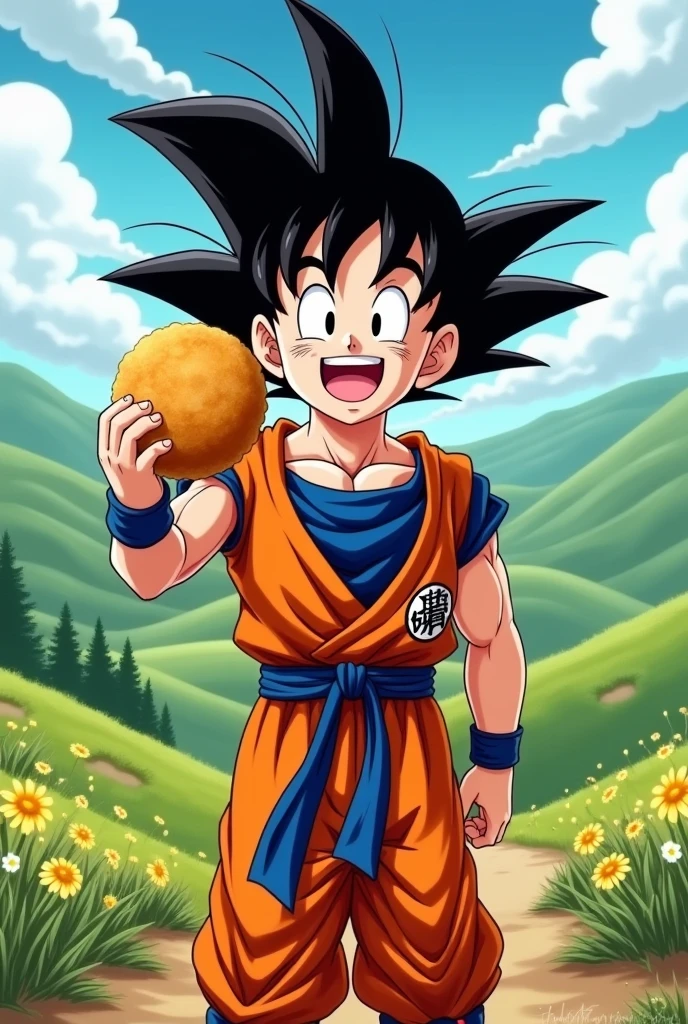 Goku with a fried cake in his hand, a typical Uruguayan food