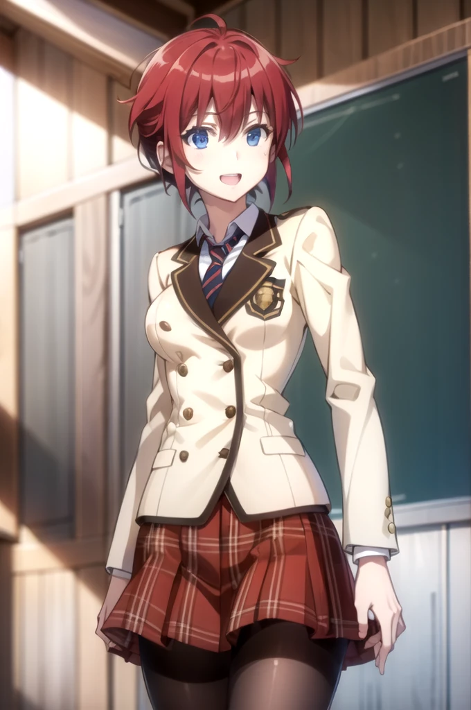 Highest quality, masterpiece, Very detailed,
Aoi Sakurai RW,
Open your mouth, A light smile,
blue eyes, Redhead, short hair, ミディアムshort hair,
school uniform, blazer, tie, Red Skirt, pantyhose,
Are standing, Looking at the audience,
classroom