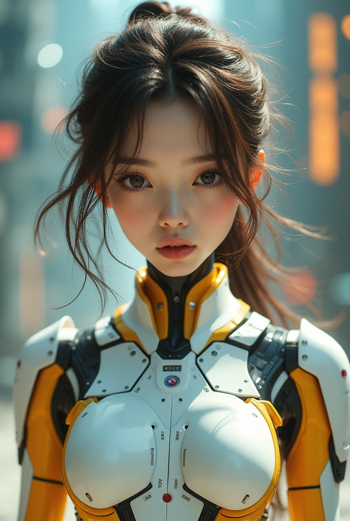 (Highest quality ,High resolution,masterpiece:1.2), Very detailed, Realistic:1.37, (Perfect Anatomy), Just like the whole body,one person&#39;s, Flight, Cute and perfect beautiful 18 year old Japanese female cyborg, , Android, (Cyborg surgery) BATTLE MODE　Battle Look, Beautiful Eyes, Combat pose, Just like the whole body, Detailed facial features, Thin Hair, Detailed costume, Surprised Eyes, Beautiful Lips, 　Brown Hair　, Detailed white and yellow biopunk outfit, Cyberspace