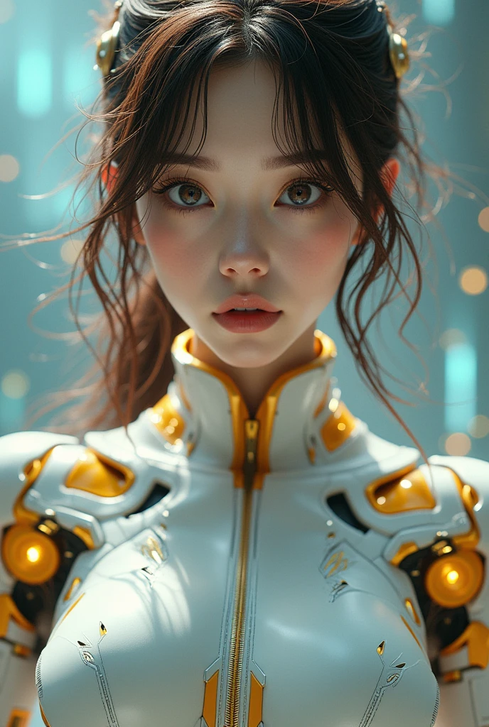 (Highest quality ,High resolution,masterpiece:1.2), Very detailed, Realistic:1.37, (Perfect Anatomy), Just like the whole body,one person's, Flight, Cute and perfect beautiful 18 year old Japanese female cyborg, , Android, (Cyborg surgery) BATTLE MODE Battle Look, Beautiful Eyes, Combat pose, Just like the whole body, Detailed facial features, Thin Hair, Detailed costume, Surprised Eyes, Beautiful Lips, Brown Hair , Detailed white and yellow biopunk outfit, Cyberspace