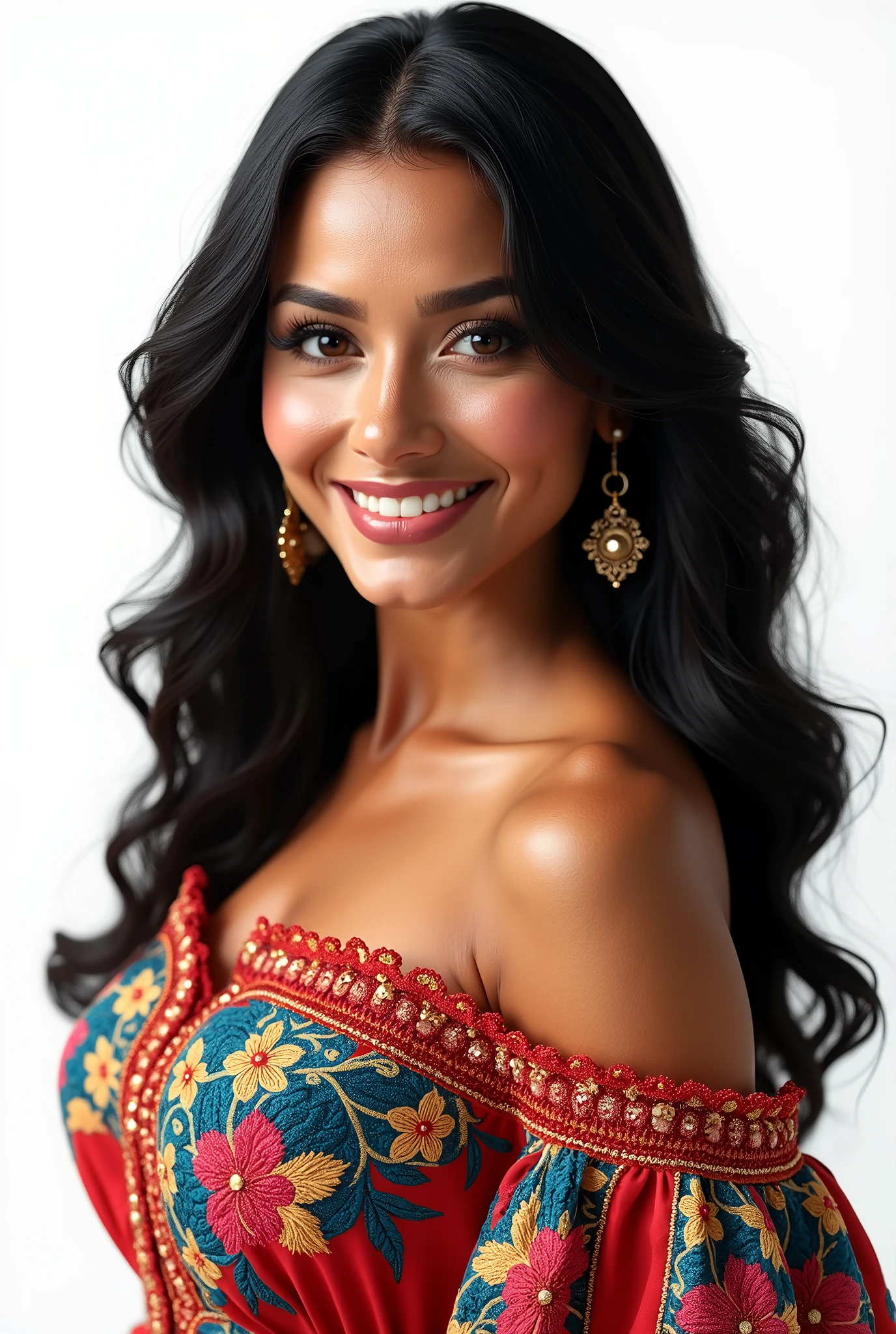 Create a hyper-realistic image of a 30-year-old Mexican woman with wavy hair, dark skin, and dark eyes. She should be smiling and wearing traditional Mexican business attire, specifically a charro dress. The background must be completely white, with no additional details or elements. There should be no scenery or anything else in the background. The only Mexican element in the image should be the woman and her clothing. The image should be 8k super realistic, detailed, and realistic. EasyNegative, (worst quality, low quality:1.4), (((deformed))), distortions in the hands, face, and other parts, more than 1 character, more than 1 backpack, (((deformed))), distortions in the hands, face, and other parts, more than 1 character.