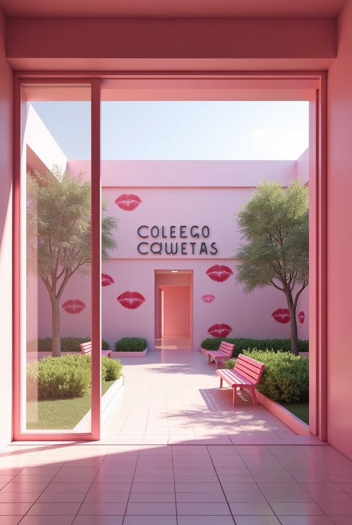 (photorealism:1.2)  Looking at the empty in a pink girls' school inside yard with pink benches, from a window inside of a pink and white modern school building, clean in good shape, the sign "Colegio Coquetas" and the signs of many kisses 💋 on the walls, not childish drawings on the walls can be seen, realistic, intricate details