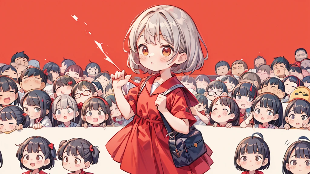 1girl,Little、cute、Primary school students、Red short-sleeved dress、Gray Hair、Red School Bag、Skipping、Facing sideways towards the audience、Yellow simple background