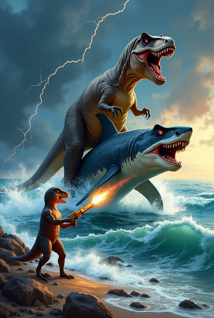 Create a dinosaur riding a shark attacking another dinosaur with a bazooka.