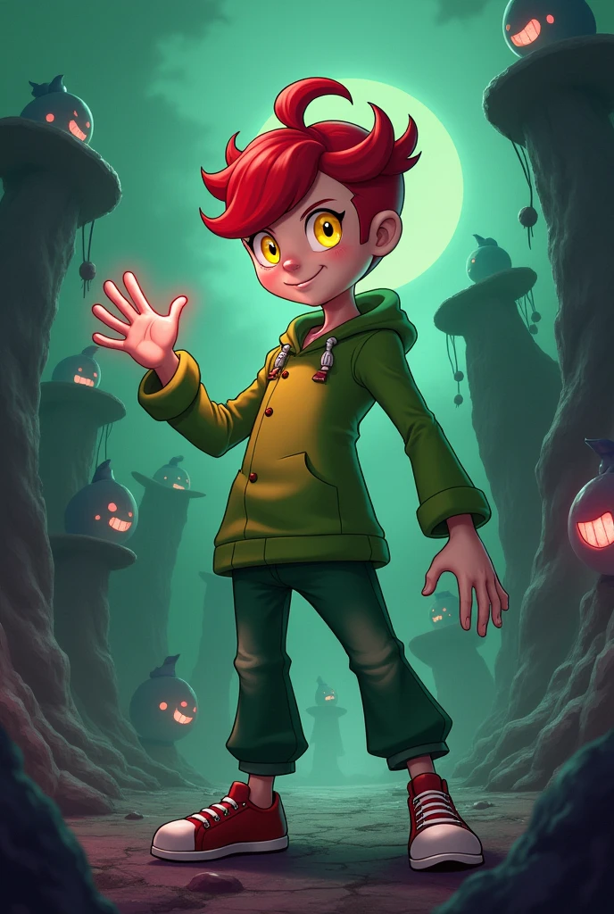 Po character from the slendytubbies 3 game with  anime style humanized male 