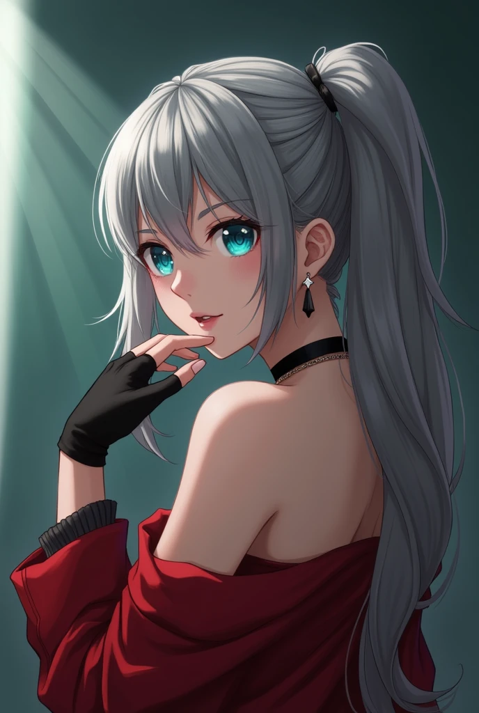 One person, Aqua Eye, return, bangs, Exposing shoulders, black gloves, blue eyes, Braiding, choker, Earrings, fingerless gloves, From behind, gloves, Grey Hair, Holding, Jacket, jewelry, Long Hair, View your viewers, looking return, Manicure, Off the shoulder, Lips parted, Earrings, ponytail, red Jacket, alone, Upper Body,He didn&#39;t,[[Realistic]],(Glowing Skin),(masterpiece:1.4),(Highest quality:1.4)