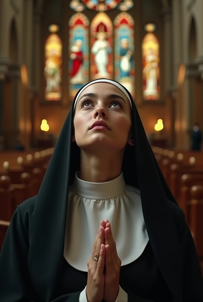 Beautiful young nun, Kneel and look up, At the altar of the chapel, Look up with your mouth wide open,The front of the face is covered with a cloudy ., Shooting from above, Front of body, (Detailed face, Highly detailed eyes and face, high quality, 8k, Realistic, masterpiece:1.2), (close, High angle shot), The ornate interior of the cathedral, Stained Glass Windows, Warm lighting, Serene atmosphere, religious, spiritual, Dedication, Contemplative