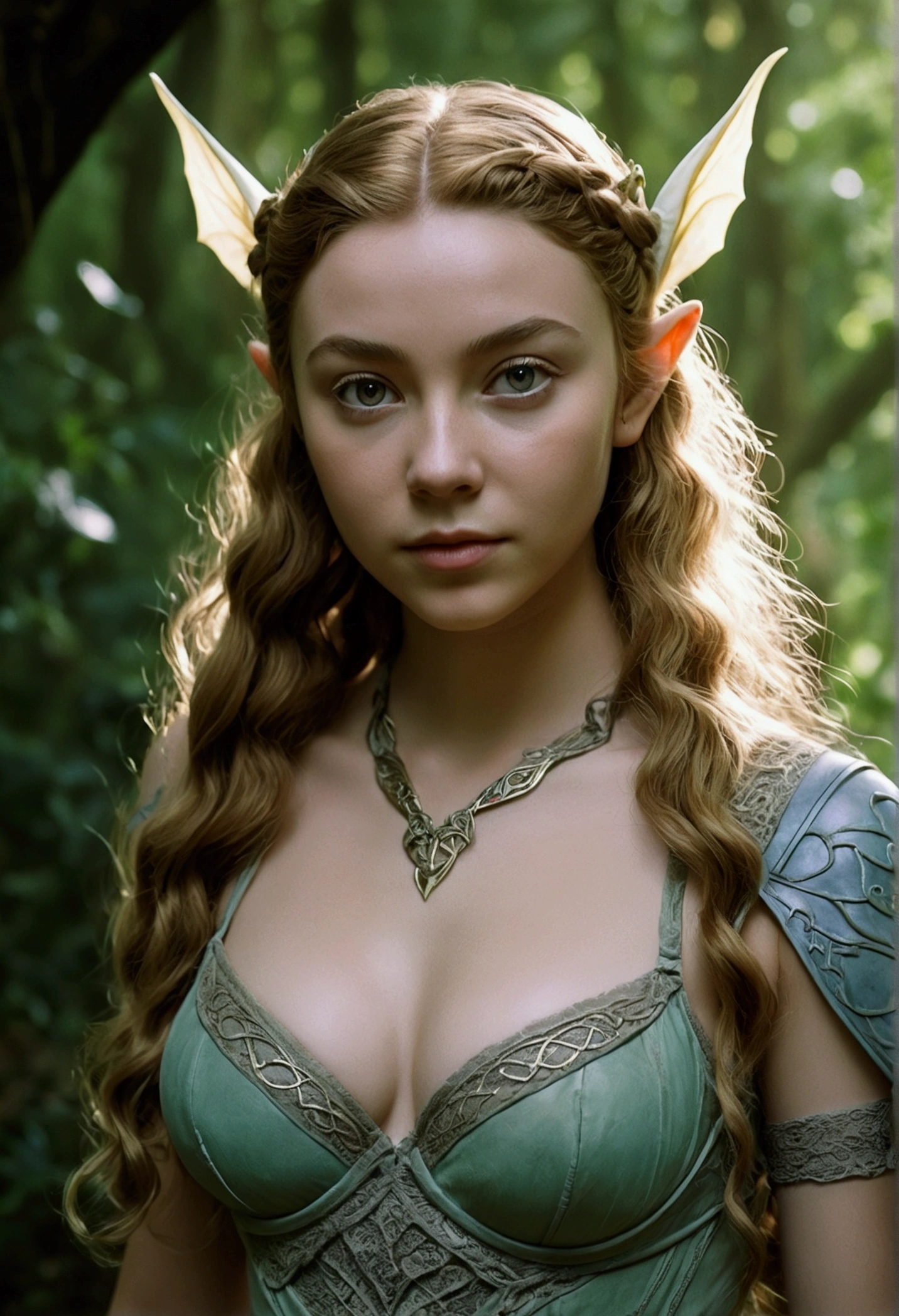 analog film photo, photo of an elven maiden, 18 years old, elf ears, long wavy curls, Amazonian stature, toned hourglass figure, busty breasts, narrow waist, full wide hips, big plump buttocks, wearing a lacey bra and a lacey thong, resembles Margaery Tyrell, strolling along a fantasy landscape, RAW Photograph, dslr, soft lighting, high quality, film grain, Fujifilm XT3, detailed skin with visible pores, insane details, masterpiece, 8k, 35mm photograph, dslr, kodachrome, faded film, desaturated, grainy, vintage, Lomography, stained, highly detailed, found footage, close-up shot, elven ears