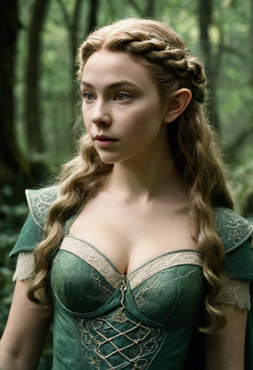 analog film photo, photo of an elven maiden, 18 years old, elf ears, long wavy curls, Amazonian stature, toned hourglass figure, busty breasts, narrow waist, full wide hips, big plump buttocks, wearing a lacey bra and a lacey thong, resembles Margaery Tyrell, strolling along a fantasy landscape, RAW Photograph, dslr, soft lighting, high quality, film grain, Fujifilm XT3, detailed skin with visible pores, insane details, masterpiece, 8k, 35mm photograph, dslr, kodachrome, faded film, desaturated, grainy, vintage, Lomography, stained, highly detailed, found footage, close-up shot, elven ears