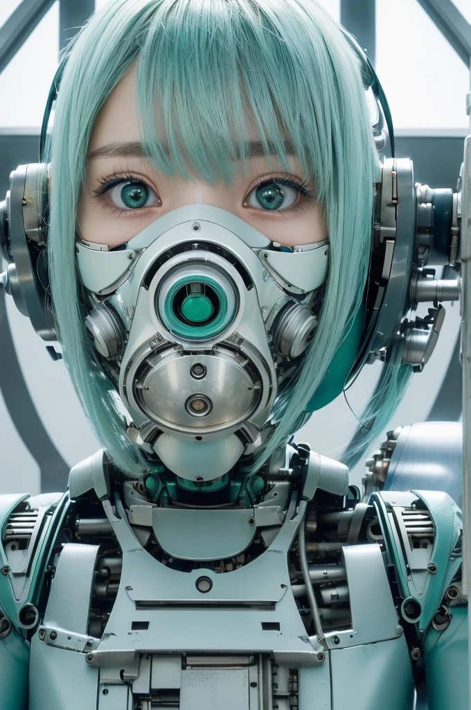 (((masterpeace))), ((photo realistic:1.55)),Japanese girl,((young girl)),no makeup, ((broad jawline)),realistic skin,puffy face,(cyber:1.23), (Very thin silver hair),(Very light blue-green hair) ((messy hair)), Bobcut,(((Asymmetric))), Exposing Machine, Exposed Skin, (((Tight mechanical body))), (Small mechanical gas mask), half smile