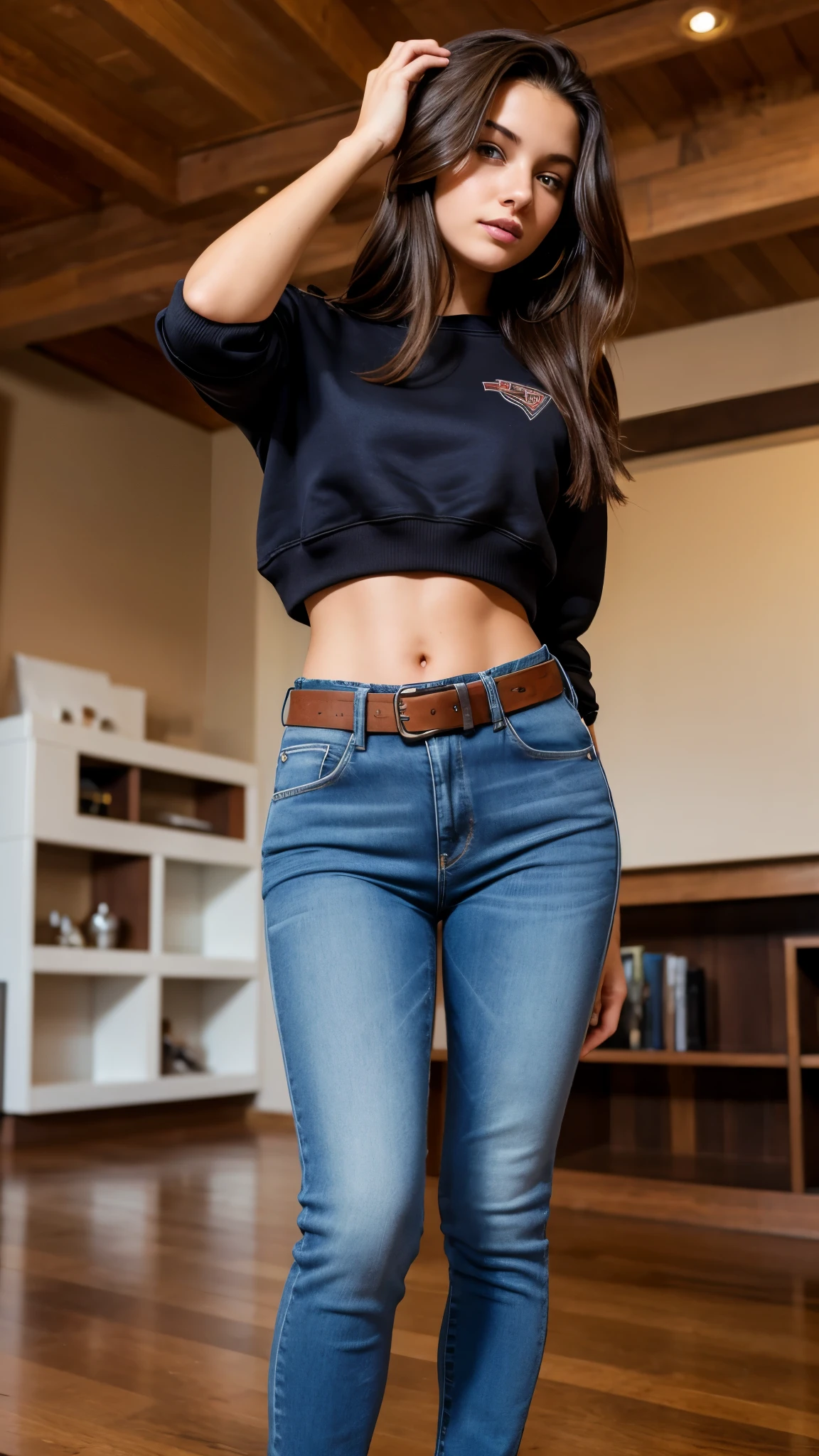 Beautiful 18-year-old brunette girl wearing a sweatshirt and high-waisted jeans, with a belt showing her T-shaped belly button.