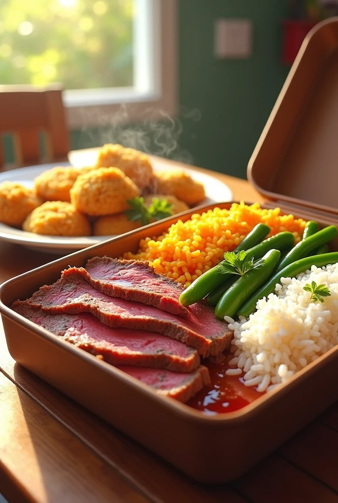 Roast beef lunchbox, rice, bean, noodle, farofa and vegetables png
