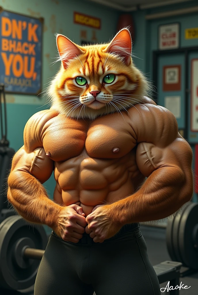 Make bodybuilder his head is cat and body is human