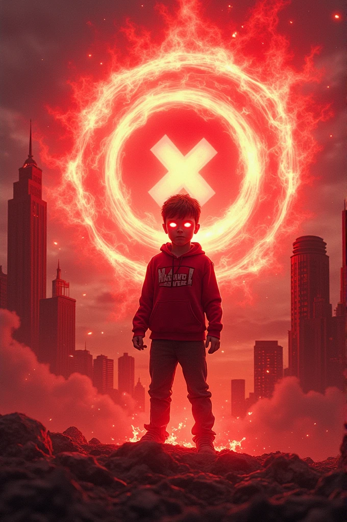 Boy with red eye,with strong red powers around him,altering reality with red powers with the marvel symbol