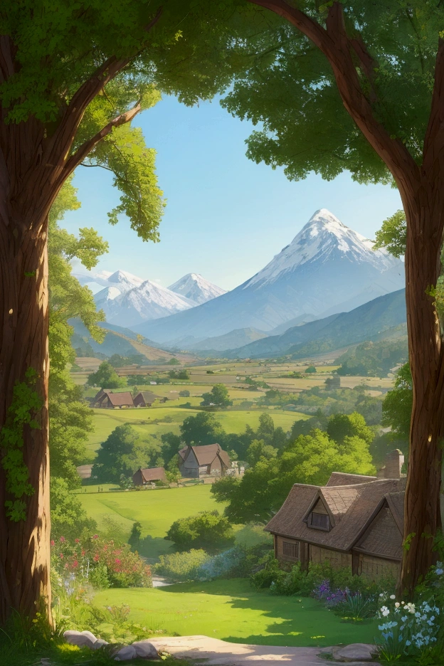 Create an enchanting Studio Ghibli-inspired scene capturing a tranquil, picturesque landscape. The setting is a vast, lush green prairieland, dotted with wildflowers swaying gently in the breeze. At the center of the scene is a charming, simple cottage with a thatched roof, nestled peacefully amidst the rolling hills. Outside the cottage, a loyal dog is curled up, sound asleep, basking in the warmth of the afternoon sun. In the background, the majestic Andes mountains rise, their snow-capped peaks contrasting beautifully against the clear, blue sky. Wisps of soft, white clouds drift lazily across the horizon, while a few birds soar gracefully above, adding life and movement to the scene. The perspective is from a high drone view, capturing the expansive beauty of the prairieland, the cozy cottage, and the distant grandeur of the Andes. The grass is detailed, with varying shades of green and golden highlights, and the entire scene is bathed in the soft, warm light of the late afternoon, evoking a sense of peace, simplicity, and harmony with nature. The composition is rich with Ghibli-esque charm, blending the whimsical with the serene, creating a heartwarming image full of life and detail.