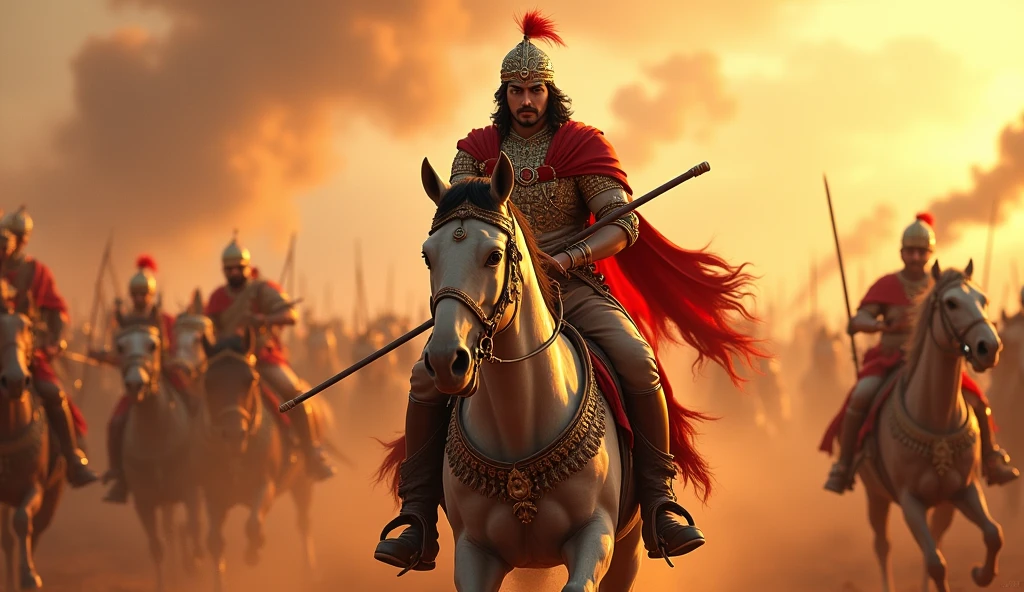 A chaotic battlefield with Maharana Pratap at the forefront, riding his horse Chetak. Dust and smoke fill the air as both armies clash, with Pratap leading a charge against the Mughal forces. His eyes are fierce, showing his resolve. In 3d animation style 