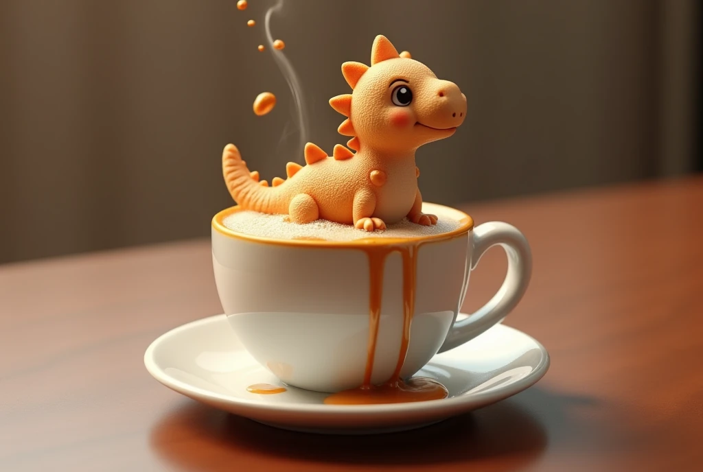a charming 3D coffee cup rendering,, filled with whimsical foam creations like cute little animals..., a super soft little dinosaur,. A dinosaur,, with intricate details and expressive eyes,,, exudes a playful vibe,,it sits atop a cup of strong coffee,. coffee spilling over the rim of a cup,,, forming golden streams flowing down,, infuses art into life,. The blend of reality and imagination in this concept art piece showcases the beauty and creativity of coffee art, making it a delightful and imaginative visual experience,,., concept art, photo, 3D Rendering