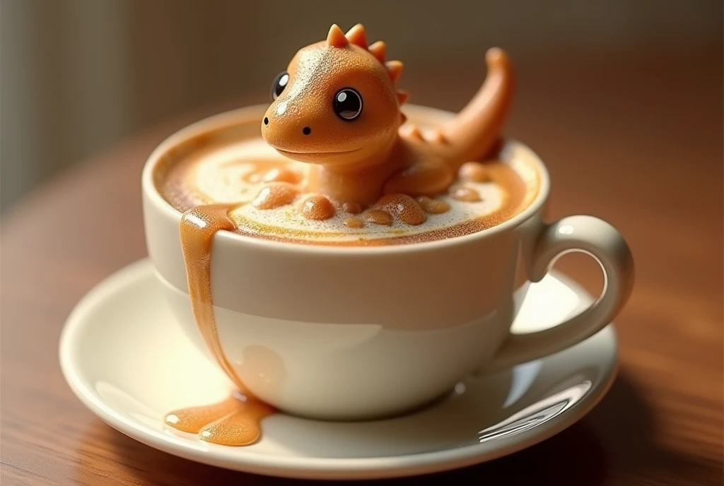 a charming 3D coffee cup rendering,, filled with whimsical foam creations like cute little animals..., a super soft little dinosaur,. A dinosaur,, with intricate details and expressive eyes,,, exudes a playful vibe,，it sits atop a cup of strong coffee,. coffee spilling over the rim of a cup,,, forming golden streams flowing down,, infuses art into life,. The blend of reality and imagination in this concept art piece showcases the beauty and creativity of coffee art, making it a delightful and imaginative visual experience,,., concept art, photo, 3D Rendering