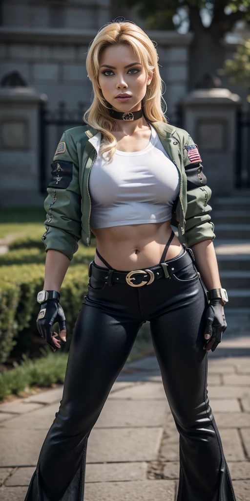 Angry Cute blonde pony tailed female shirtless medium sized tits pilot with military pants, and mask and glasses with her legs spread