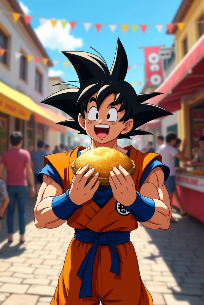 Goku with a fried cake in his hand, a typical Uruguayan food