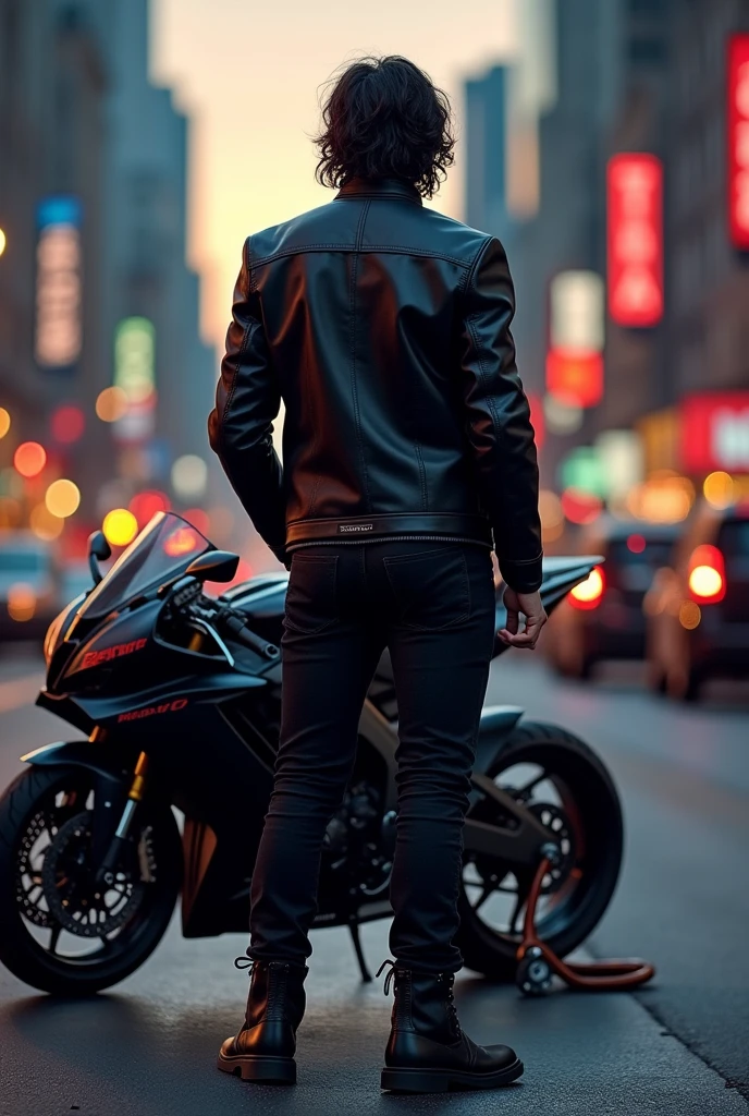 Disney characters man from back dark hair wearing a black leather jacket black bomber pants, Black military boots with the surname Medina on the back next to a Honda brand sports GP motorcycle in black
