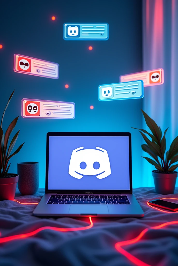 Internet concept background, Use light blue colors with red and black details, message elements ((games and chat)) between friends, open the computer with the Discord symbol, conversations and games, people talking from their separate homes 