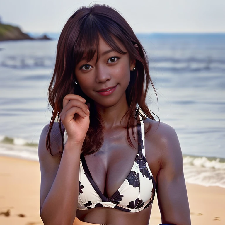 in 8K,Best Quality:1.4, 超A high resolution:1.5, (Photorealistic:1.4),masterpiece:1.2,(top-quality:1.4)、 Raw photo、 (the background is blurred), sea side, sand beach, 1 Japan, Cute, (solo:1.4), (Shy smile), Smooth skin、Floral Bikini:1.3、 (Brown medium hair,bangs), (touch hair:1.4),nogizaka,Cute swimsuit,Supple fingertips,Beautiful black eyes、dual、natural skin textures:1.3, realistic eyes and face details:1.7、middlebreasts、during daytime、gravure pose:1.1、Toned buttocks:1.5、Hands behind the head、gazing at viewer,The photographer will be facing backwards.5Take a step back、(((( dark skin:1.4 ))))