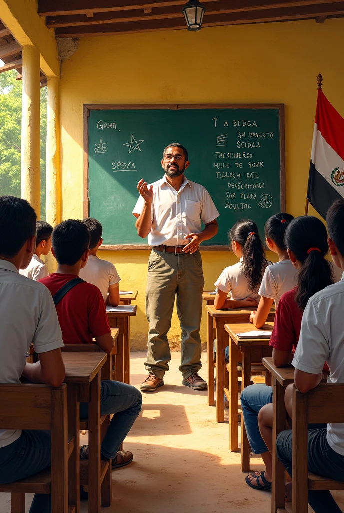 Recreate a photo of Nicaragua's national hero Augusto Cesar Sandino teaching literacy to many Nicaraguan mestizo adults who are holding the two-colored red and black flag in their right hand. 