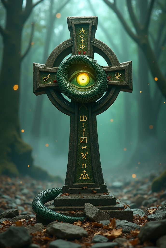 shattered Celtic cross with an ouroboros dragon in the circular part and an eye with a vertical iris in the center of the cross
