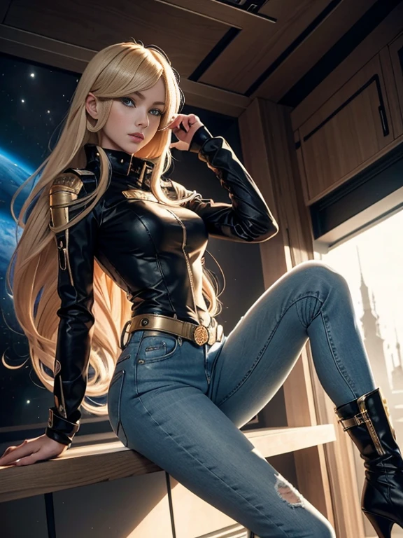 Anime style female character inspired by vintage space opera aesthetics, with elongated facial features, 165 cm tall, having blond, waist-length, wavy hair with V bangs, and blue eyes. She is wearing tight skinny jeans with high boots over them, adding an equestrian touch to her ensemble. The character's design reflects a blend of space opera elements and a realistic body proportion, highlighting her strong yet feminine presence.