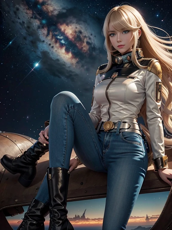 Anime style female character inspired by vintage space opera aesthetics, with elongated facial features, 165 cm tall, having blond, waist-length, wavy hair with V bangs, and blue eyes. She is wearing tight skinny jeans with high boots over them, adding an equestrian touch to her ensemble. The character's design reflects a blend of space opera elements and a realistic body proportion, highlighting her strong yet feminine presence.