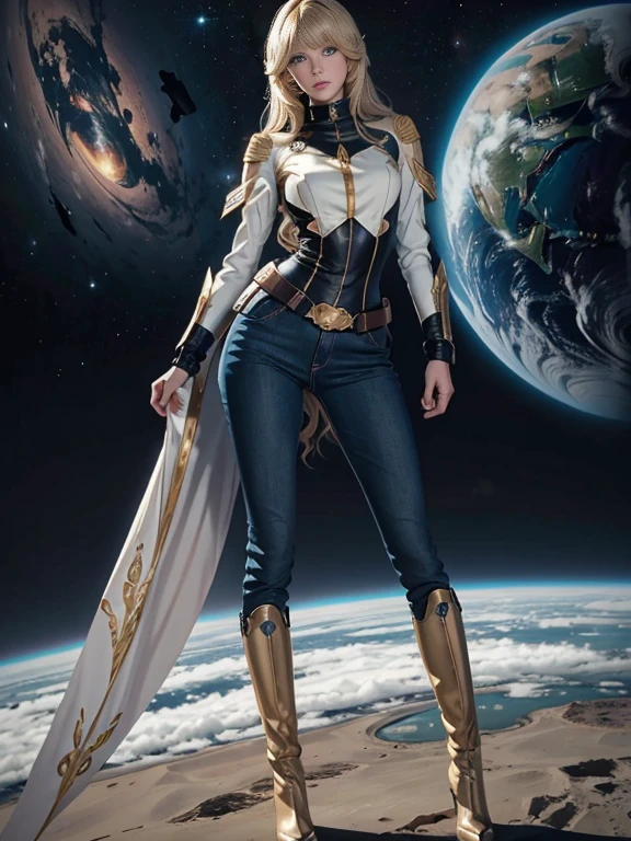 Anime style female character inspired by vintage space opera aesthetics, with elongated facial features, 165 cm tall, having blond, waist-length, wavy hair with V bangs, and blue eyes. She is wearing tight skinny jeans with high boots over them, adding an equestrian touch to her ensemble. The character's design reflects a blend of space opera elements and a realistic body proportion, highlighting her strong yet feminine presence.