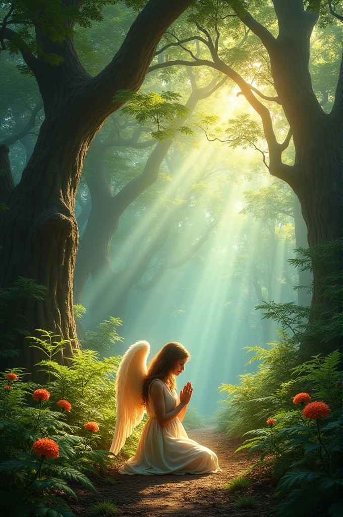enchanted jungle, ancient and giant trees, sun shines in rays of all colors, an angel prays