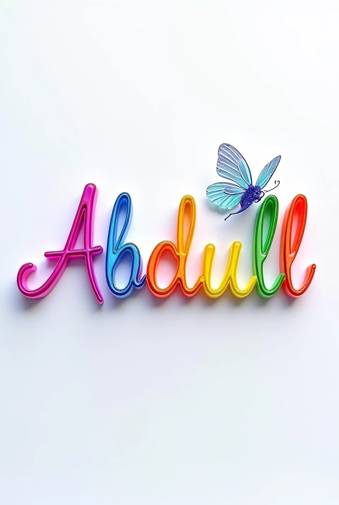 A captivating 3D glass render of the word"Abdull" skillfully crafted into an elegant and sophisticated logo. The name is written in a graceful, flowing font, adorned with a tiny heart and a mesmerizing transparent, iridescent butterfly. Each letter is illuminated with vibrant neon shades of pink, blue, yellow, purple, green, and orange, adding a touch of modernity and charm. The logo stands out brilliantly against a clean white background, serving as a striking centerpiece. This enchanting design would be an ideal choice for a cinematic poster or architectural rendering, commanding attention and versatility across various applications.,

illustration, cinematic, 3d render, poster,typography, architecture, photo

