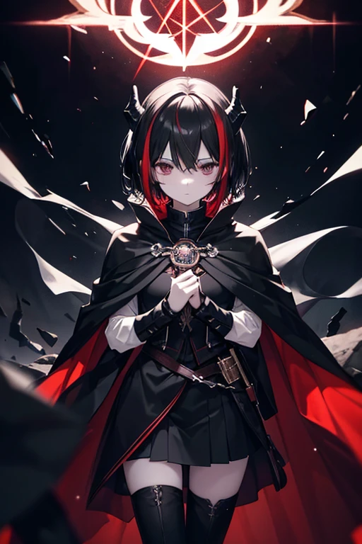 completely black eyes, 19 years old, mage, horns, black hair with red highlights, emotionless, pale skin, dark, medieval, chaos magic, dark magic, with cape, powerful, short hair, a girl with a cute boy appearance ,girl, men's clothing, hair boy