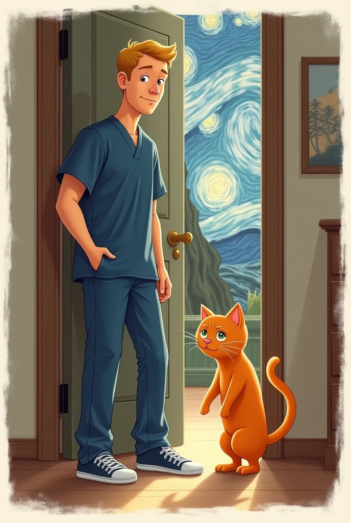 Can you create a 2D Polaroid drawing of a painting in the background, one piece , A tall, thin, blonde nursing student in a navy blue medical uniform, He will enter and his orange cat will greet him, that it's tender and looks like a cartoon, the background can be a painting of the starry night, It can be with less color, that it looks like a cartoon and it is to print in a photo frame, I need the student to be entering his house and the kitten to welcome him tenderly, It's for printing so it should be less colorful