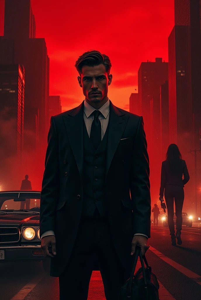 A powerful, strong young Mafia Boss stands in the center, his sharp suit immaculate and his eyes filled with a mix of cold calculation and hidden pain. Behind him, the city skyline looms under a blood-red sky, with shadows of gunmen and luxury cars fading into the darkness. To one side, a mysterious woman is partially hidden in the shadows, hinting at a deep connection and a dangerous secret. The title, written in bold, gritty lettering, hovers above, with the tagline below: ‘In the world of power and betrayal, nothing is as it seems.