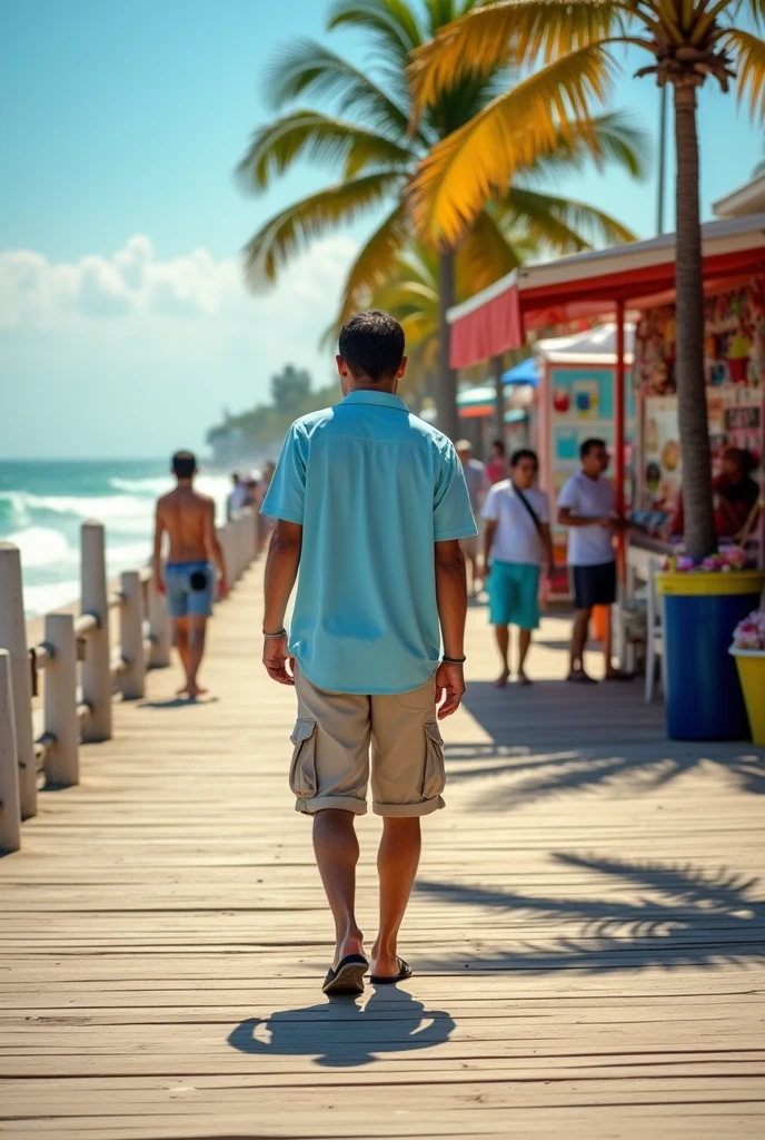 Man with his back turned walking towards the boardwalk in Veracruz
