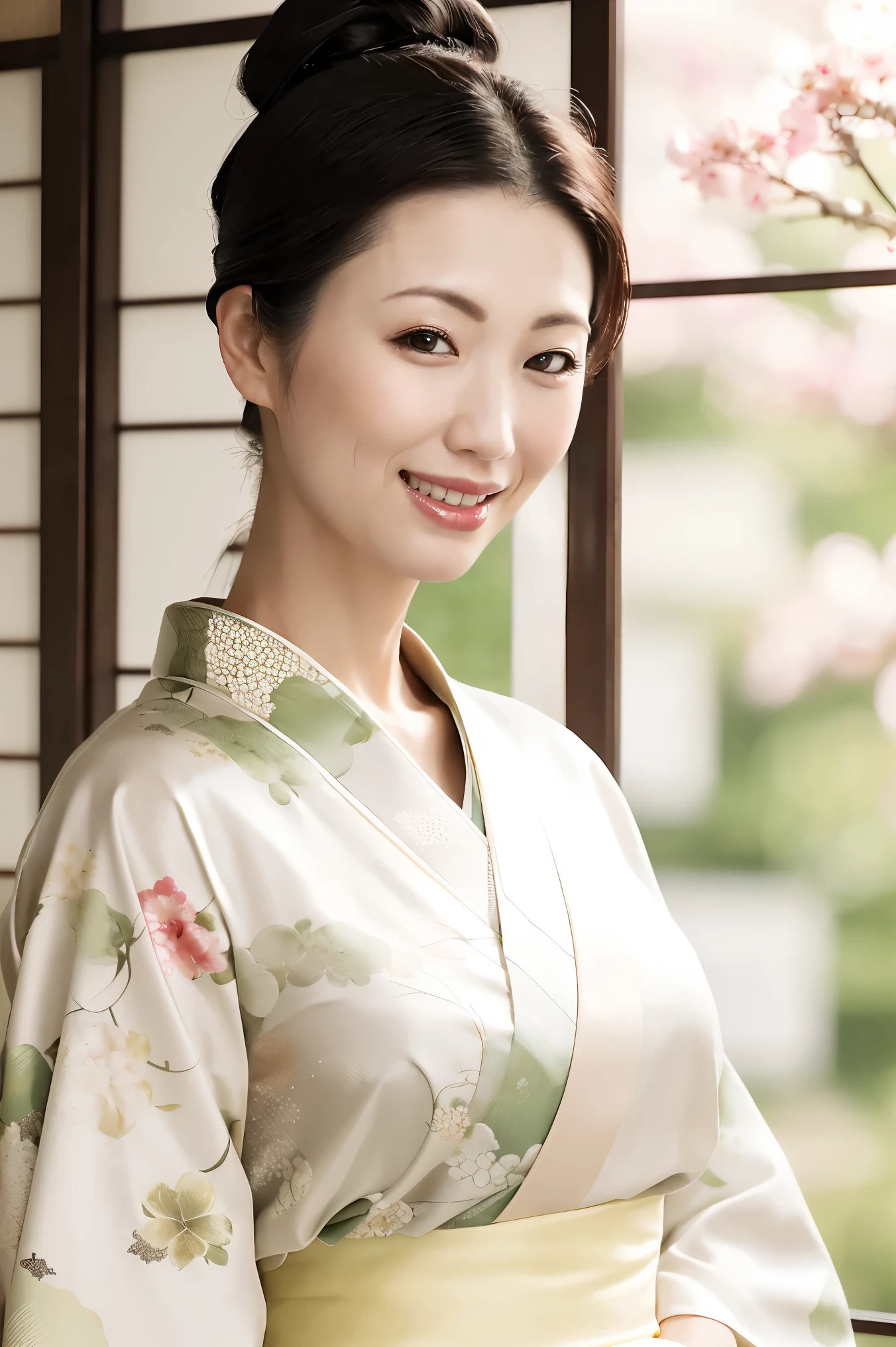(Highest quality、Tabletop、8k、Best image quality、Award-winning works)、(One beautiful mature woman:1.1)、Adult face、(Innkeeper:1.1)、(Elegant floral kimono:1.2)、(Perfect kimono:1.3)、(Large Breasts:1.2)、Perfect mature woman portrait photo、Glowing Skin、Standing Elegantly、(Blurred elegant and exquisite perfect Japanese style room background:1.3)、(The most natural and perfect tidy Japanese style room background:1.2)、Glowing White Skin、Very white skin、(Accentuate your body lines:1.1)、(The most graceful posture:1.2)、(The biggest smile looks at me:1.2)、Perfect beautiful glossy lips、(Accurate anatomy:1.1)、(A perfect and elegant outfit:1.1)、(Standing with good posture:1.1)、(Face close-up:1.3)、(Front facing body:1.2)、(Hair Bun:1.1)