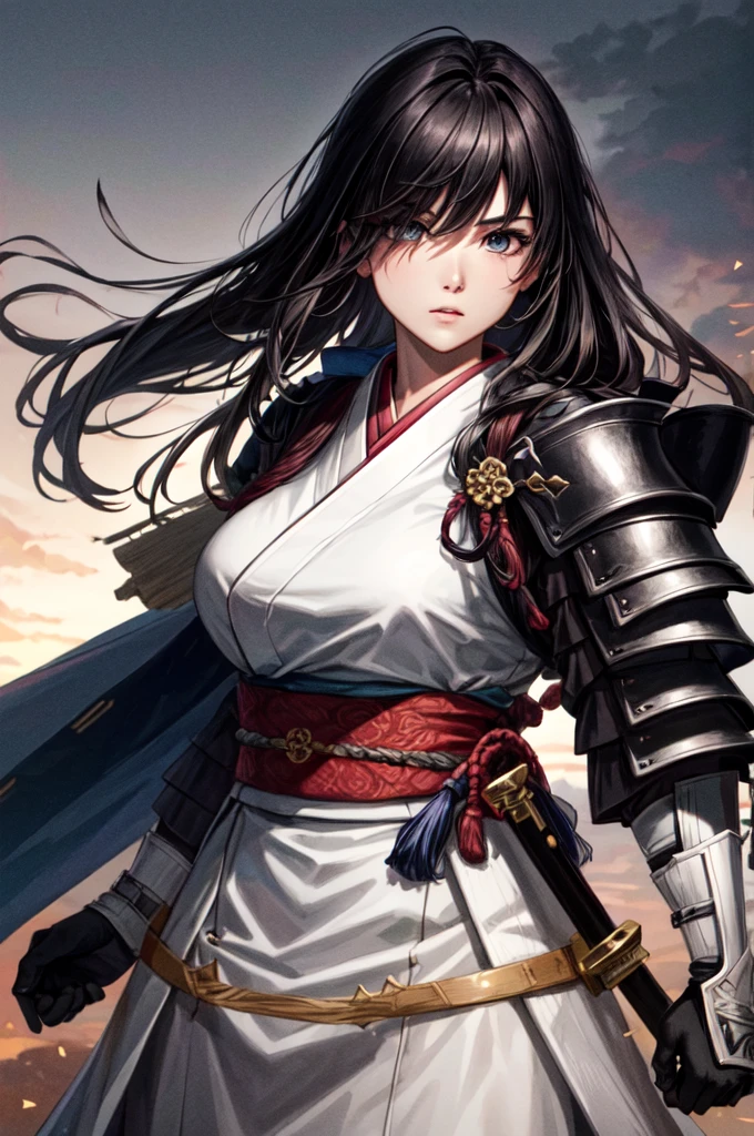 A woman wearing armor with a large sword, Female Samurai, A woman wearing light armor, Beautiful female warrior, Black kimono, black eye, Black Hair, hair over eye, Tight waist, Intimidating Appearance, cinematic lighting, close-up, cowboy shot, UHD, retina, masterpiece, accurate, anatomically correct, textured skin, super detail, high details, high quality, award winning, best quality, highres