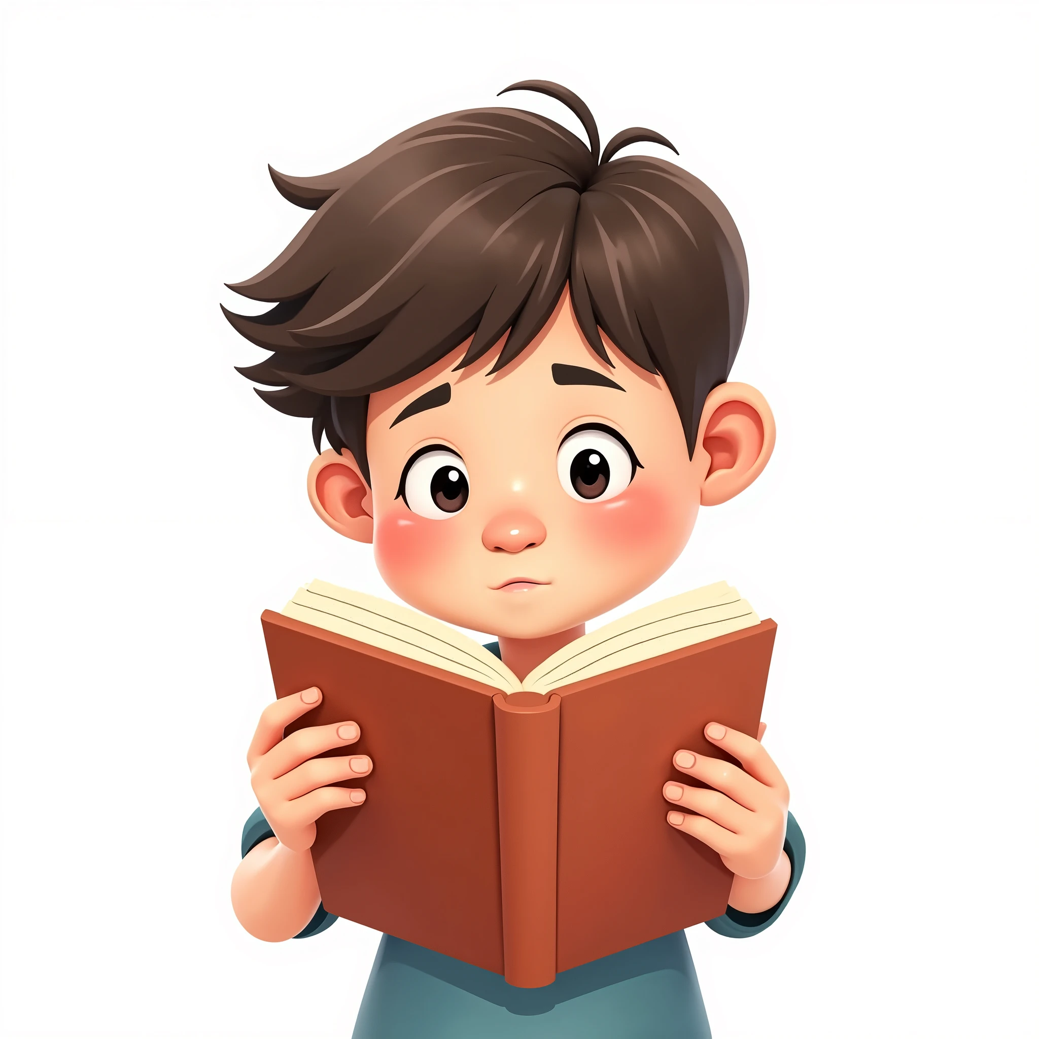 Create a cartoon-style image of a child student reading a book. The child should have their hands visible, with perfect hands showing exactly five fingers on each hand. The background should be completely white, with no other details. The child should be looking at the book with a focused expression. EasyNegative, (worst quality, low quality:1.4), (((deformed))), distortions in the hands, face, and other parts, more than 1 character