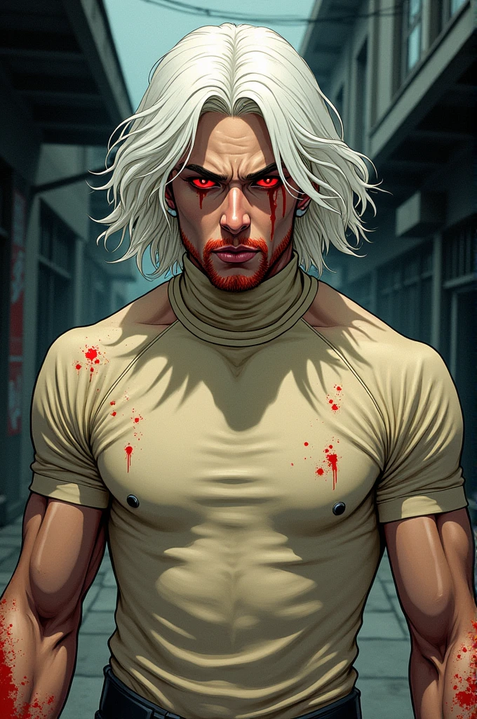 Albino man, white hair, crimson red eyes, His expression is serious and he has blood on his mouth. He is wearing a beige turtleneck shirt.
Manhwa style image in color