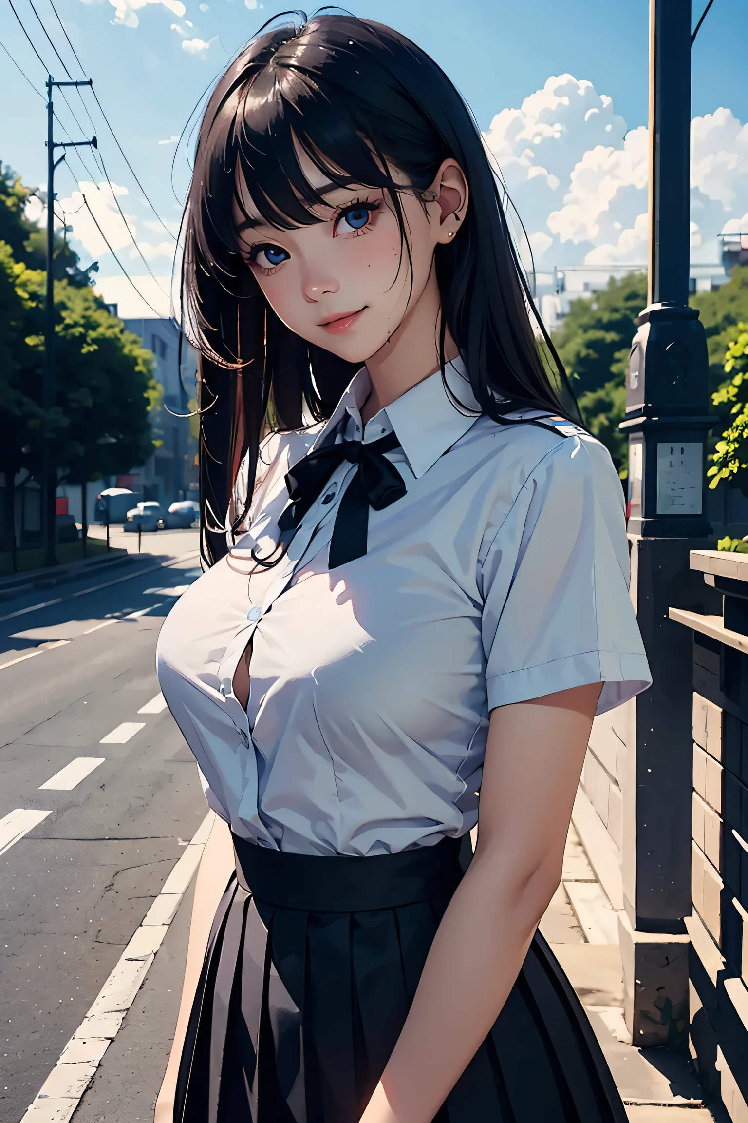 (masterpiece:1.2, Highest quality), (Realistic photos), Beautiful illustrations, (Natural side lighting, Cinema lighting),1 person, Japanese, 20-year-old female, Perfect Face, Symmetrical cute face, Glowing Skin, (Black Hair、Straight Long Hair)、Flowing bangs, Dark blue eyes, Long eyelashes, (Large Breasts:1.4), Slender build, Beautiful Hair, Beautiful Face, Fine and beautiful eyes, Beautiful body, Beautiful breasts, (White collared shirt、Small black ribbon、Navy blue pleated skirt),smile、Blushing、stand、river、bridge、blue sky、White cloud、Sweating