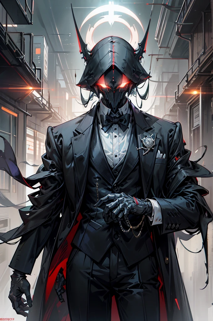 초상화, Face_through_torso, cyberpunk, A very tall male character with a thin build, dressed in an elegant tuxedo that contrasts with his criminal affiliation within the shadowy merchant guild. His head is entirely a glowing energy orb, giving him an otherworldly appearance.